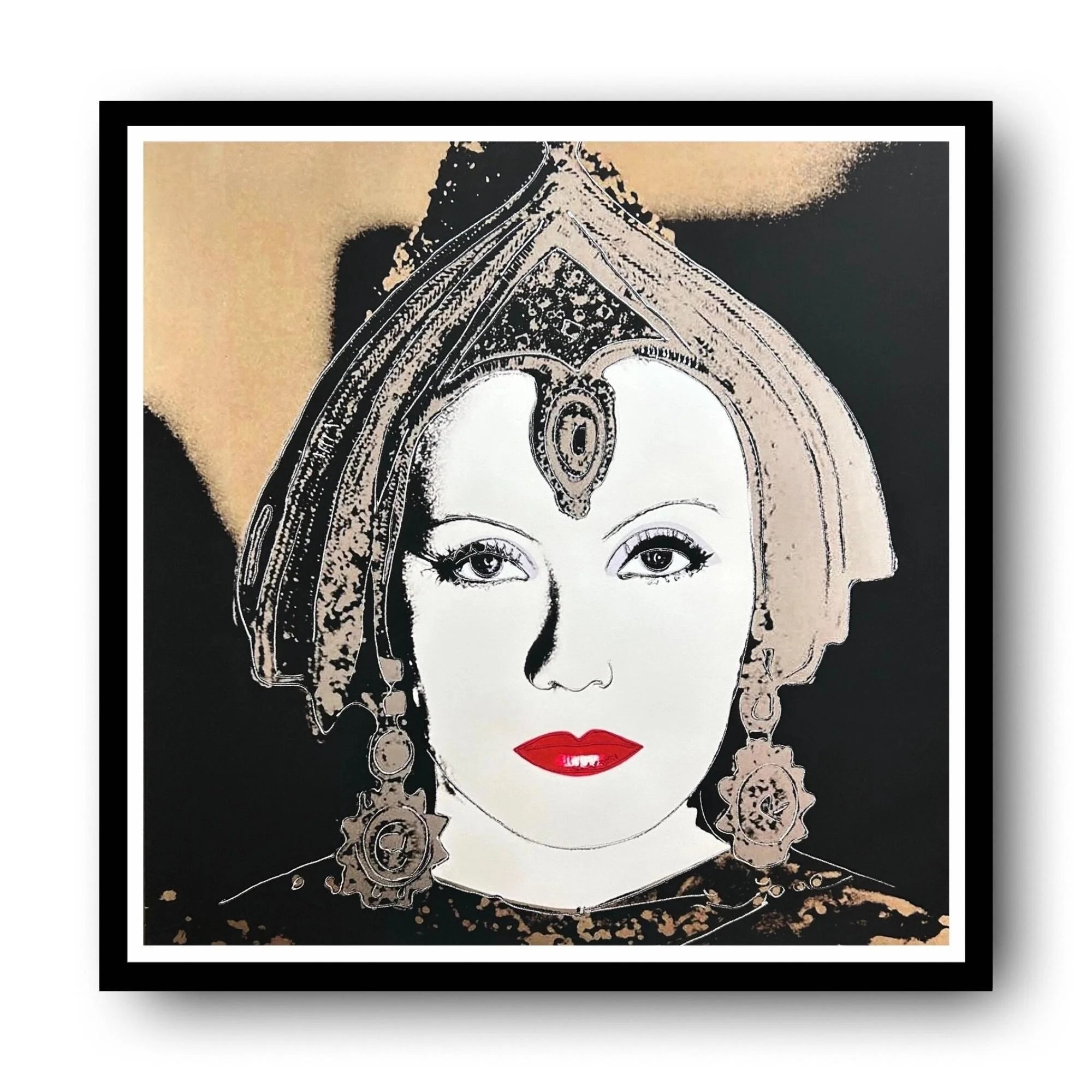 Framed artwork of a stylized portrait with intricate details on a black background